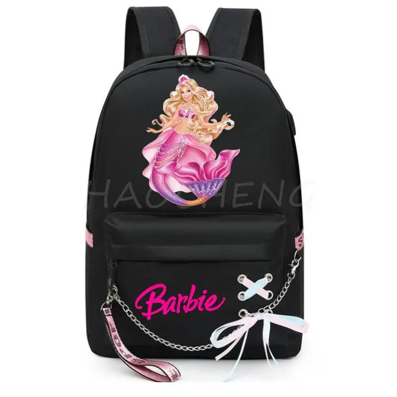 Backpacks Barbie the movie Casual Women&Men Large Capacity Student School Bags Teenager USB Laptop Travel Mochila With Ribbon