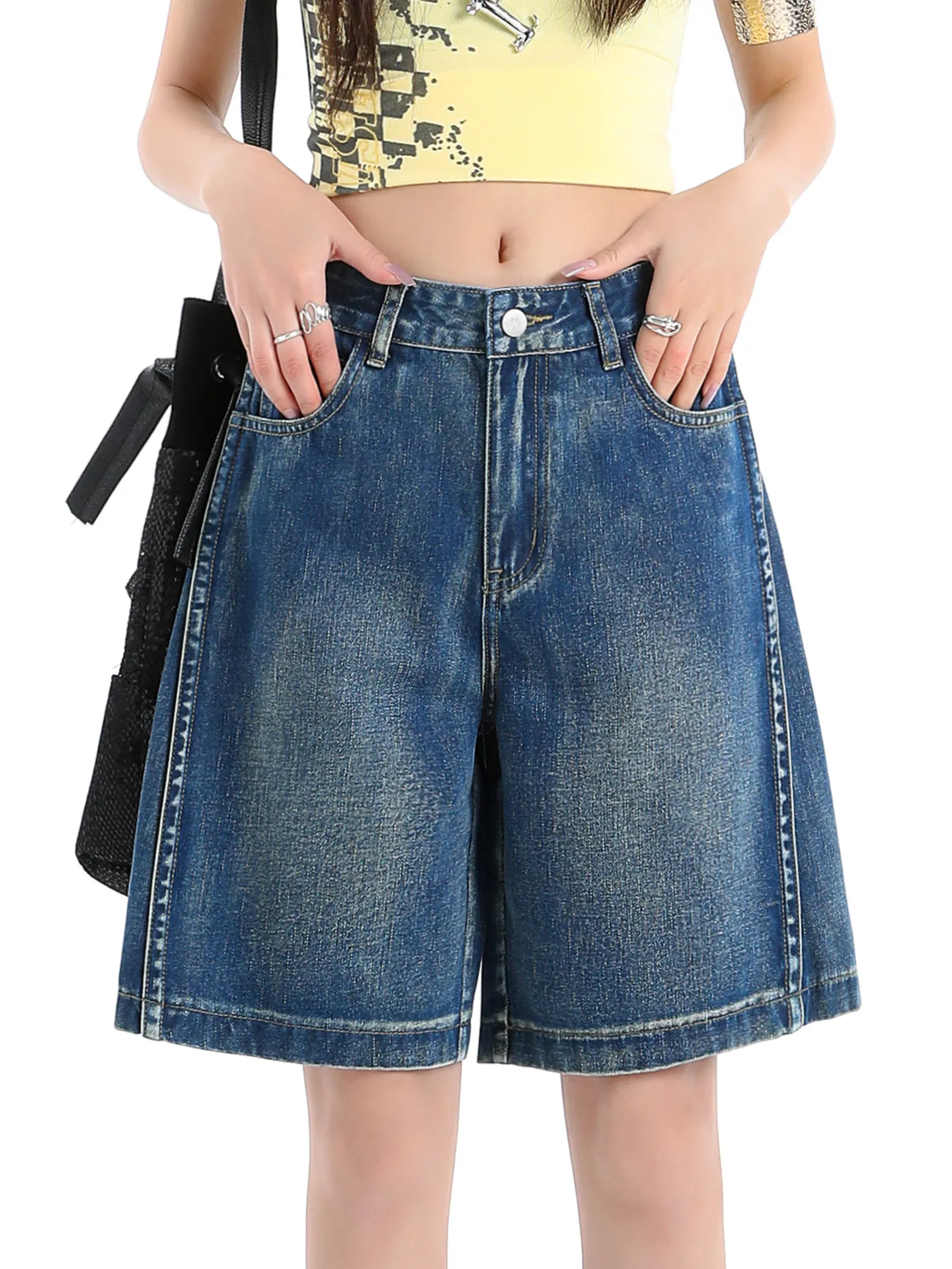 FINEWORDS Vintage Dark Wash High Waist Denim Bermuda Shorts Women Straight Leg Knee Length Jean Shorts Casual Streetwear Summer