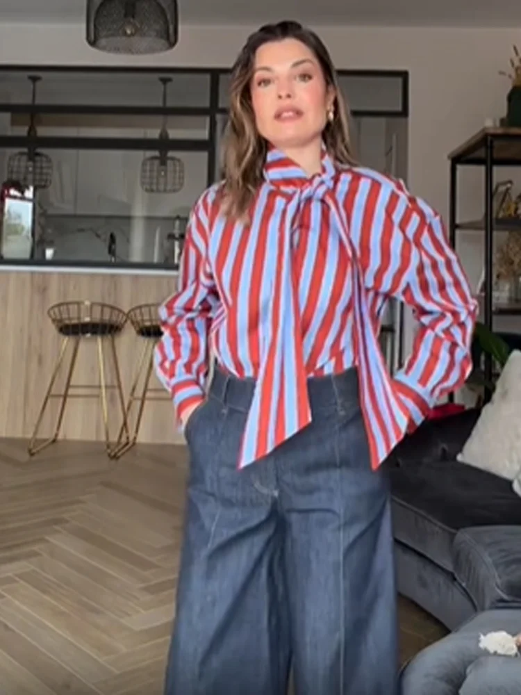 

Casual Ladies Lace Stripe Shirt Fashion Bow Tie Neck Up Puff Full-sleeve Vertical Red Blue Shirts 2026 spring New Casual Tops