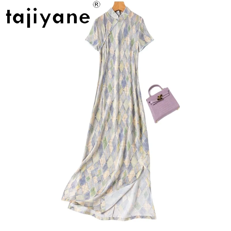 TAJIYANE 100% Mulberry Silk Cheongsam Dresses for Women New Summer Slim Long Dress Stand Collar Frocks 2026 Woman Clothing 원피스