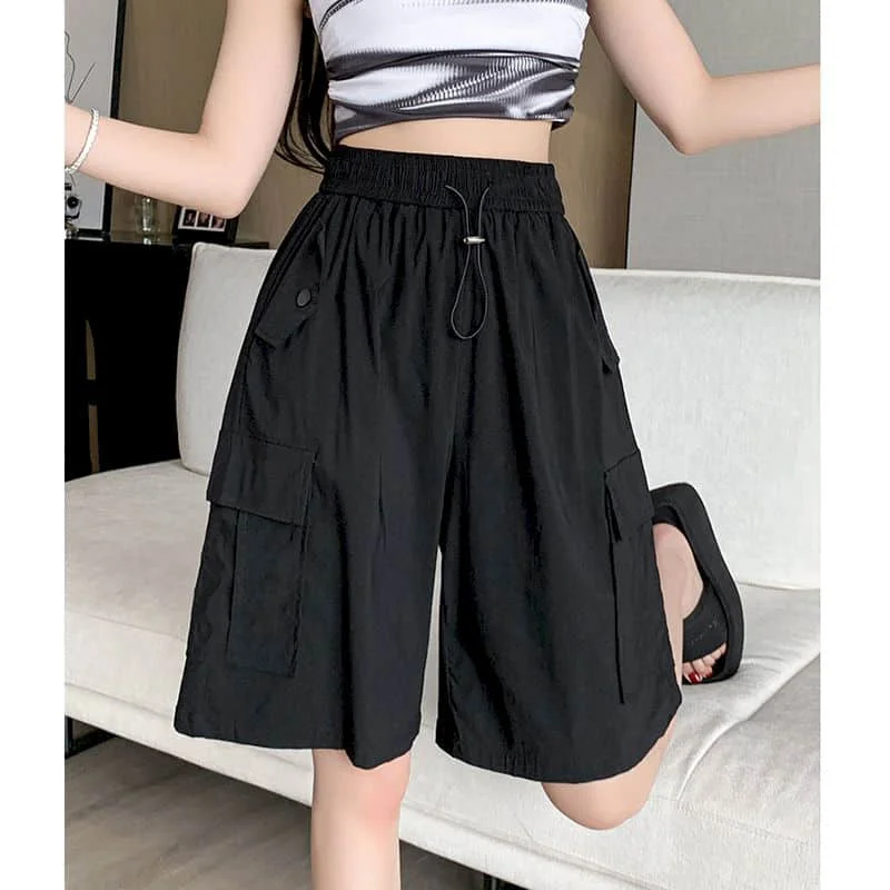 Solid Shorts Women Casual Parachute Straight Short Pants Safari Style Elastic Waist Five-point Trousers Streetwear Women Clothes