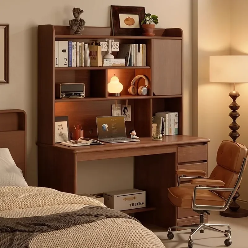 Solid Wood Computer Desk Retro Study Table Bookshelf Integrated Home Bedroom Reading Writing Desk Furniture