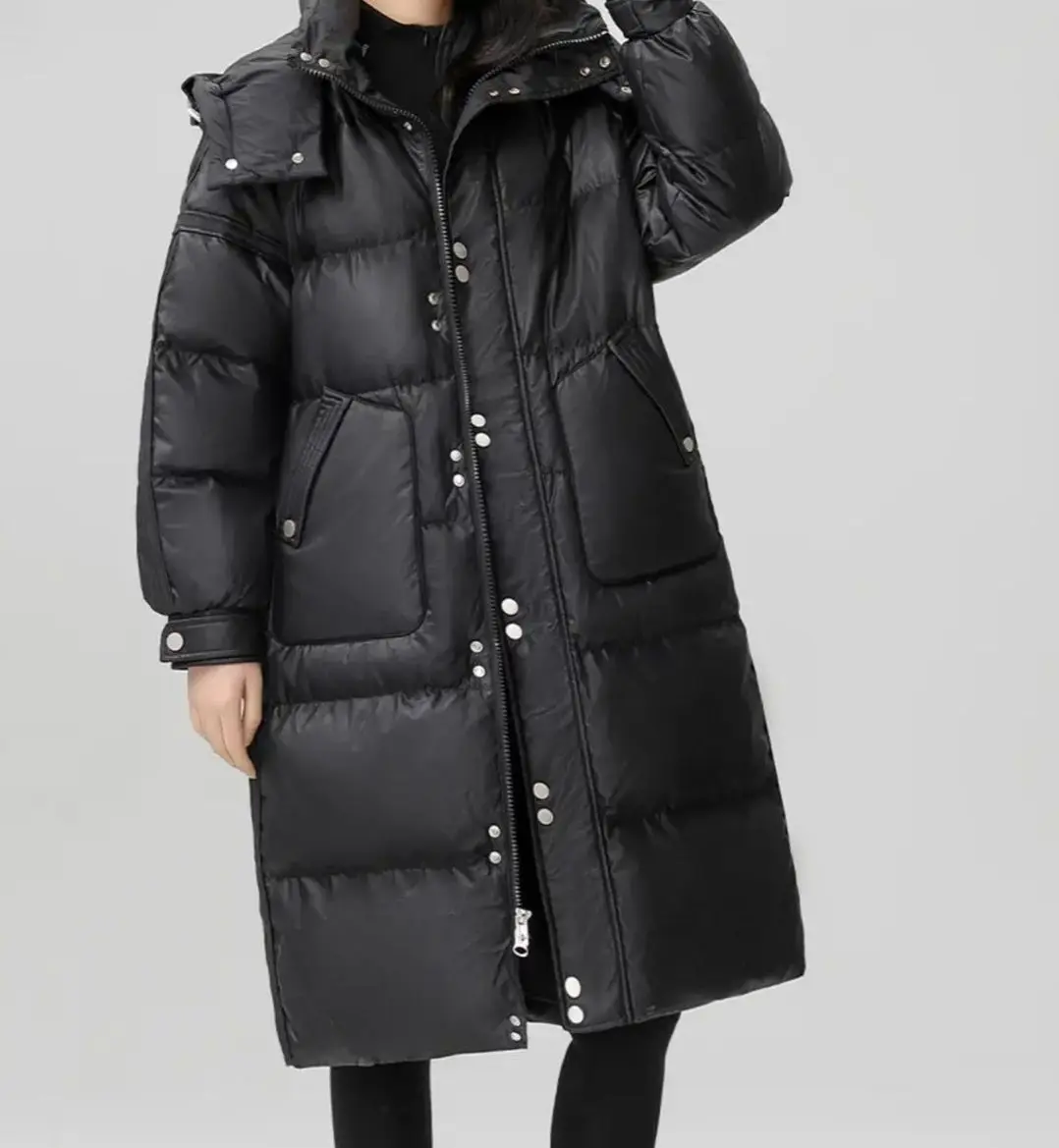 

Winter Color-matched Plaid Hooded Casual Knee-length Down Jacket