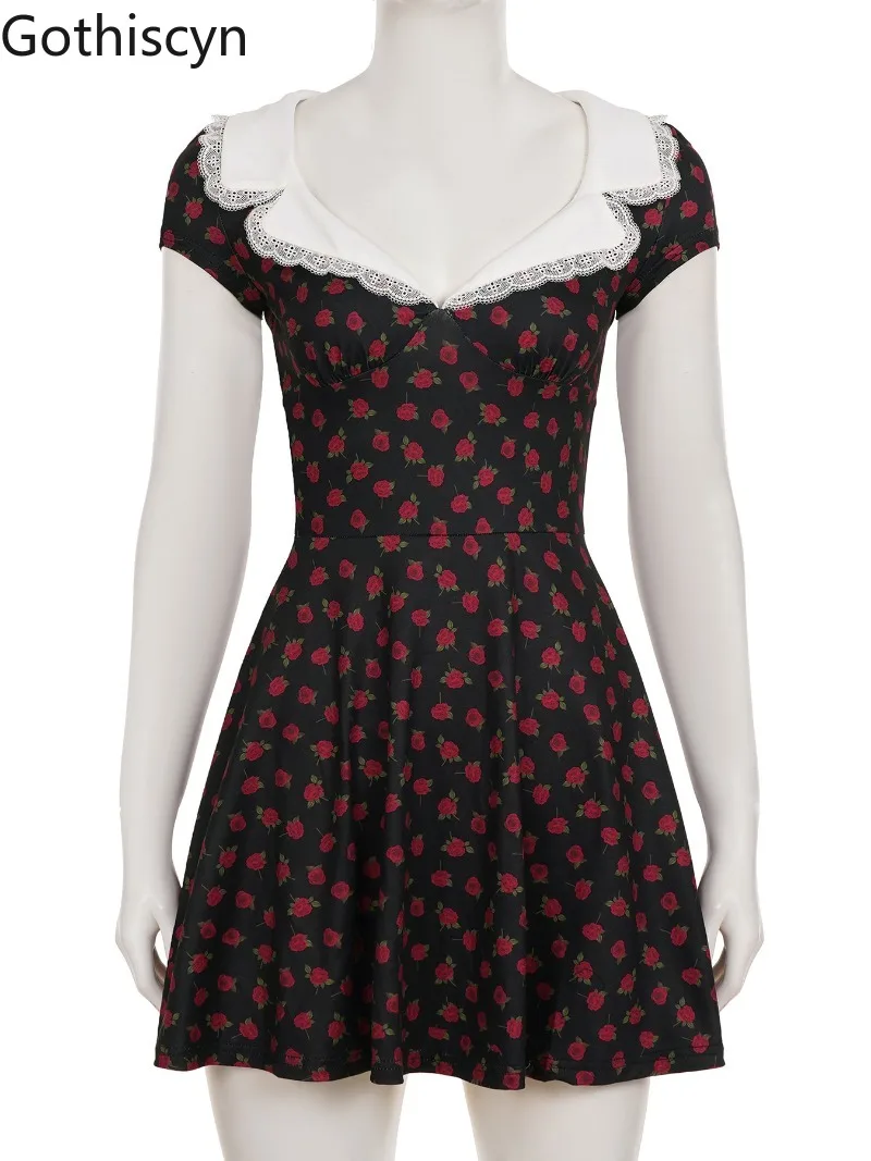 Gothiscyn フレンチターンダウンカラーローズプリントドレス女性の夏のエレガントなハイウエスト A ラインショートドレス女性服