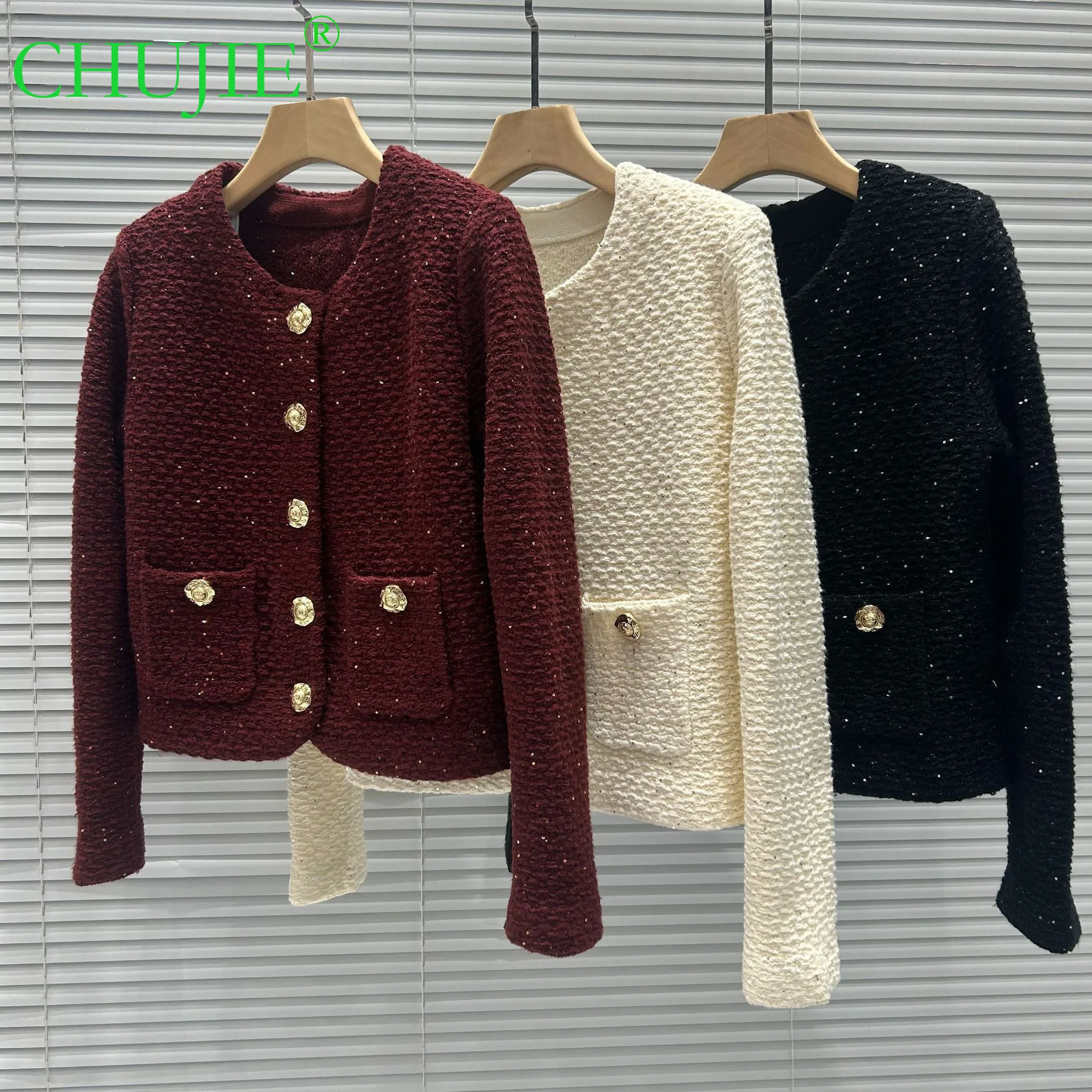 CHUJIE 2025 خريف شتاء جديد النمط الفرنسي ضوء فاخر الترتر مشبك معدني رقبة مستديرة أنيقة موضة تنوعا سترة قصيرة