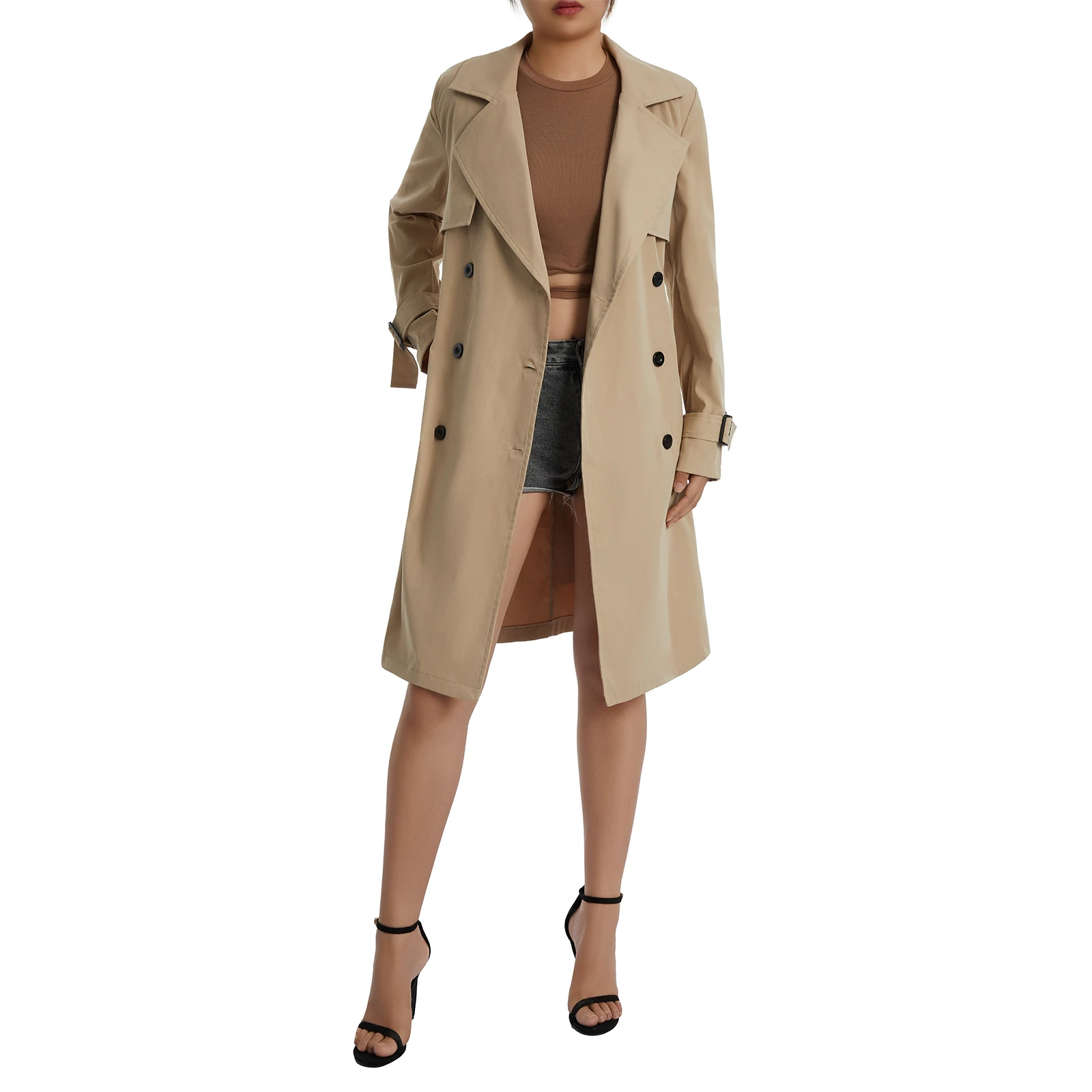 Autumn Fashion Women Casual Solid Color Trench Coat Ladies Elagant Long Sleeve Lapel Neck Double Breasted Belted Trench Coat