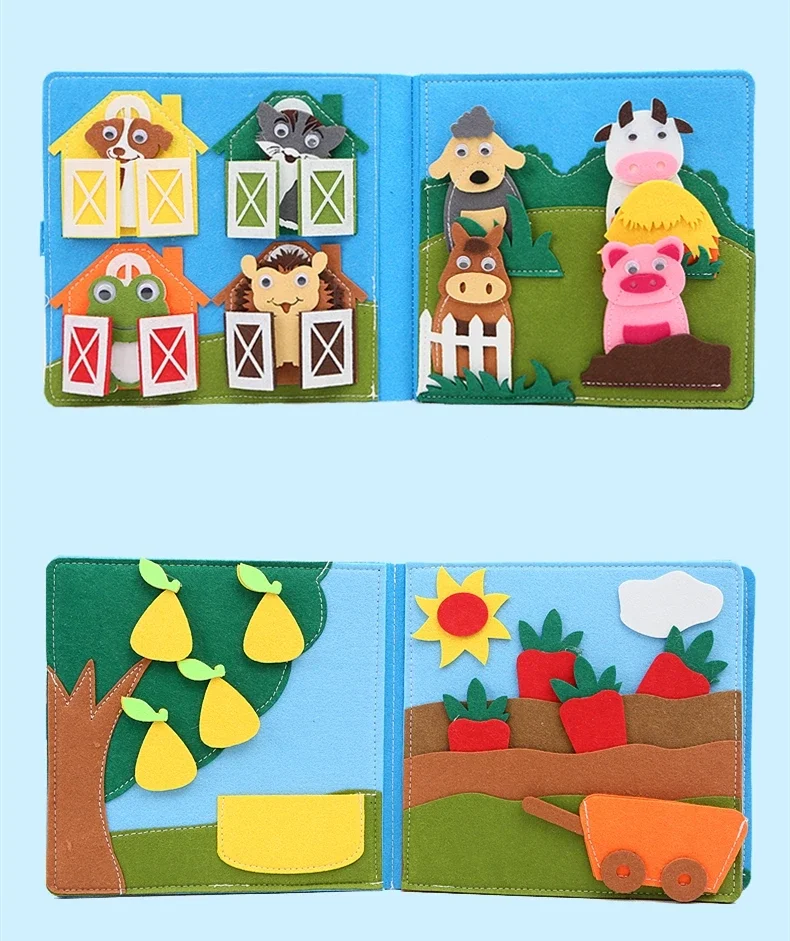 Jouet sensoriel éducatif Montessori pour tout-petits, planche occupée, livre silencieux en feutre avec scène d'animaux de ferme, activité de conte pour garçons et filles