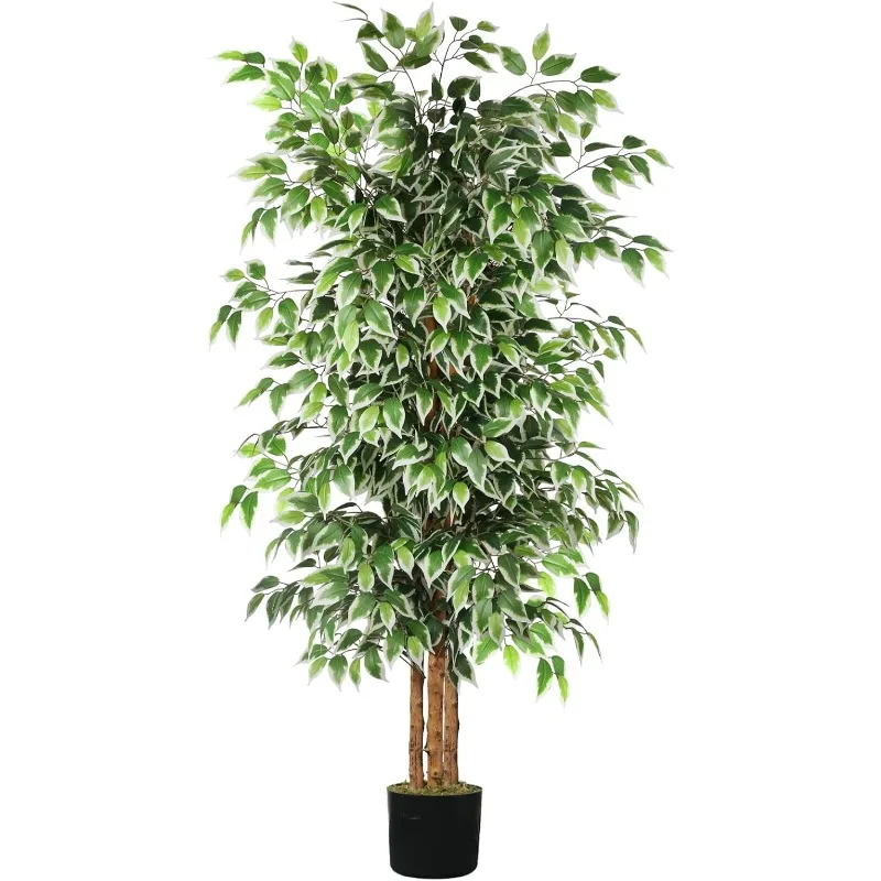 Artificial Tree Ficus,Tall Faux Trees Indoor with Natural Trunk and Fake Silk Tree Fake Plants for Spring Home Decor Living Room