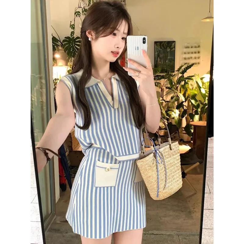 Striped Korean Brand Knitted 2 Piece Sets Sleeveless Polo Collar Short Tops Mini Skirts Suits Patchwork Blue Y2K Women Clothing