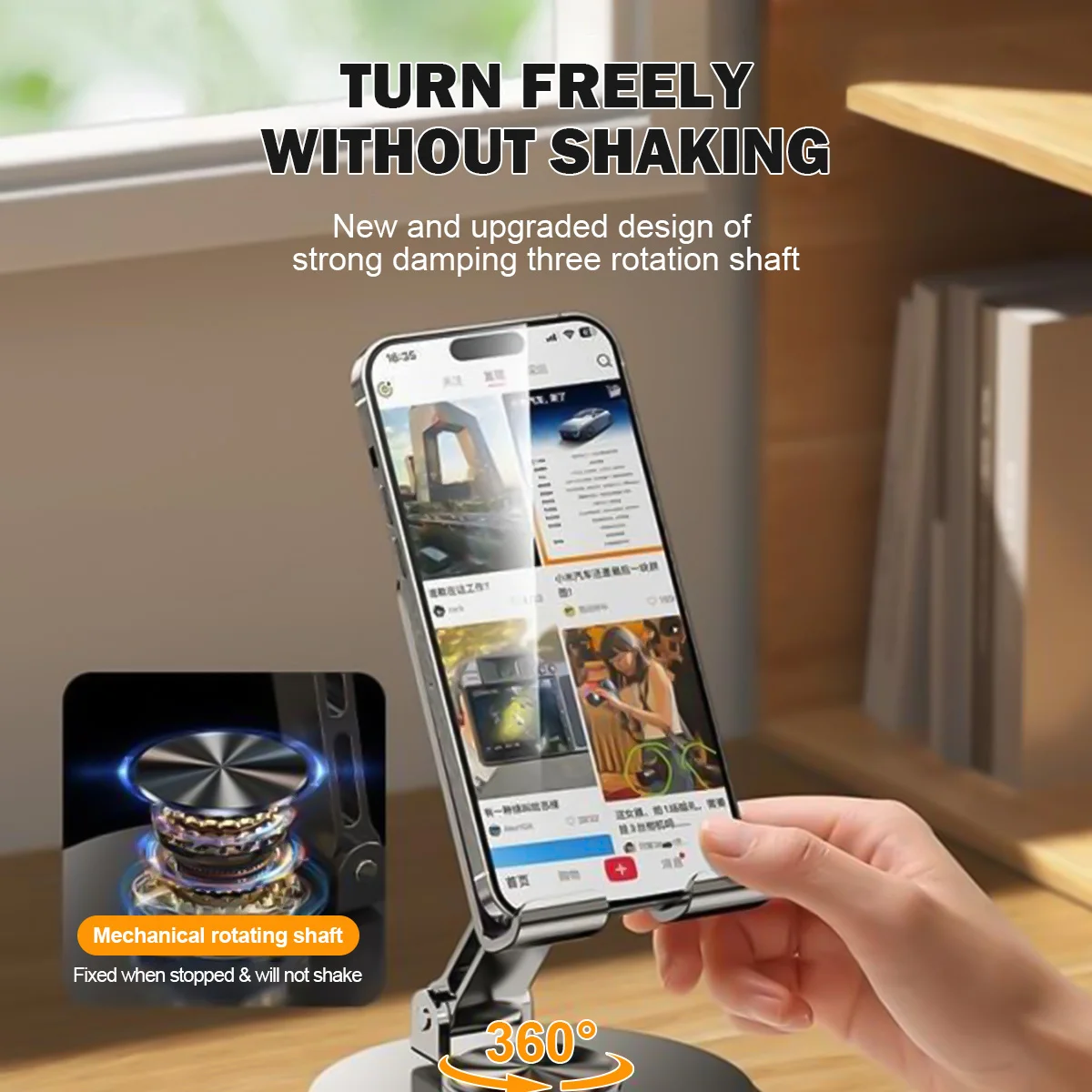 ユニバーサル携帯電話ホルダー,360度回転,すべて金属,アルミニウム,折りたたみ式,ダブルシャフト設計,安定,落下防止