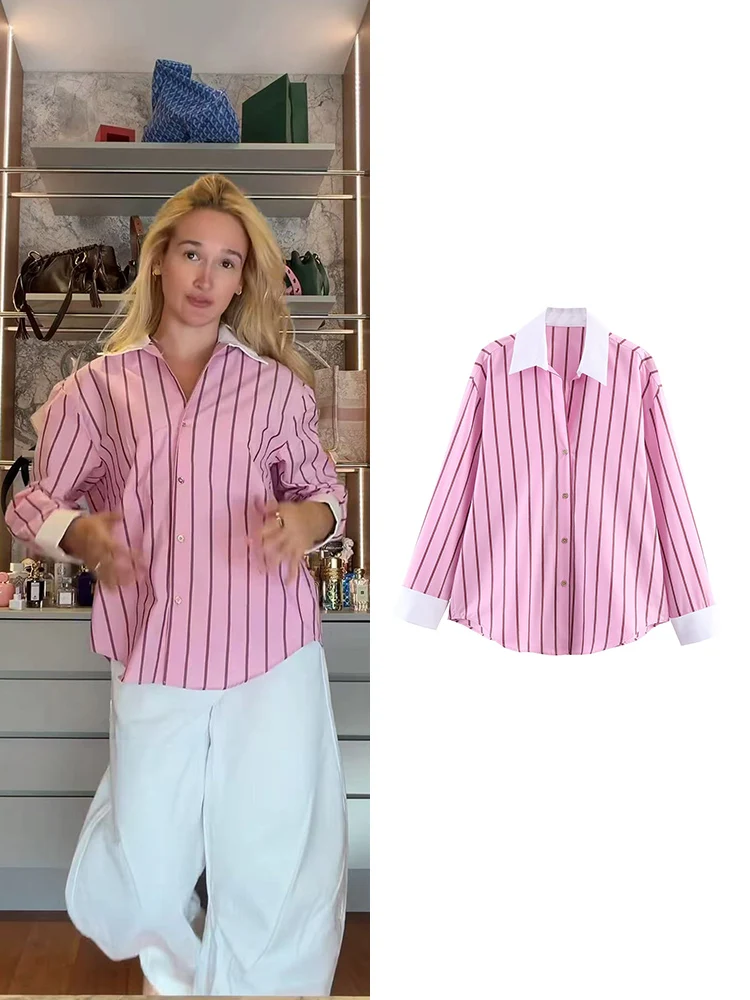 

Женская полосатая рубашка TFMLN в стиле High Street, повседневная, для отпуска и поездок на работу, розовая, модная, с отложным воротником, на одной пуговице, свободного кроя, новинка 2026 года