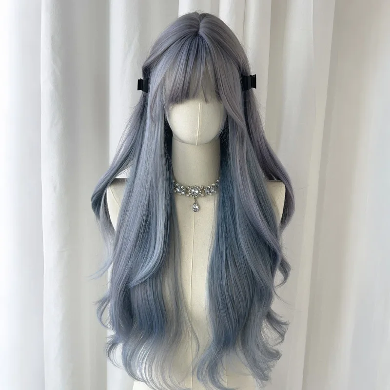 Wig for Women Long Curly Hair Big Wave Haze  Blue Wigs with Bangs Natural Simulation Fluffy Lolita Wig for Cospay Daily Use