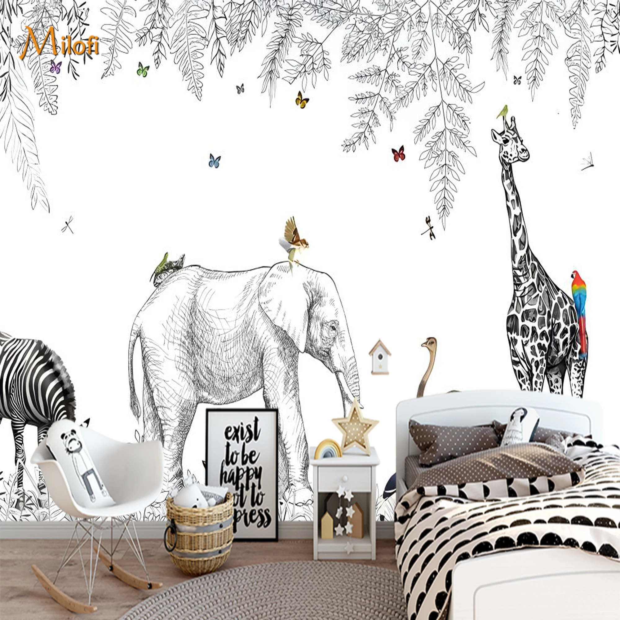 Custom Self‑Adhesive Wall Mural Sketch Safari Animal Wallpaper Elephant Giraffe Zebra Tropical Jungle Kids  for Children Bedroom