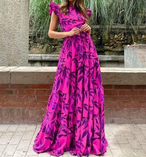 

2025 Spring/Summer New Women's Fashionable and Elegant Printed Flying Sleeve High Waist Retracted Dress Women's Wear