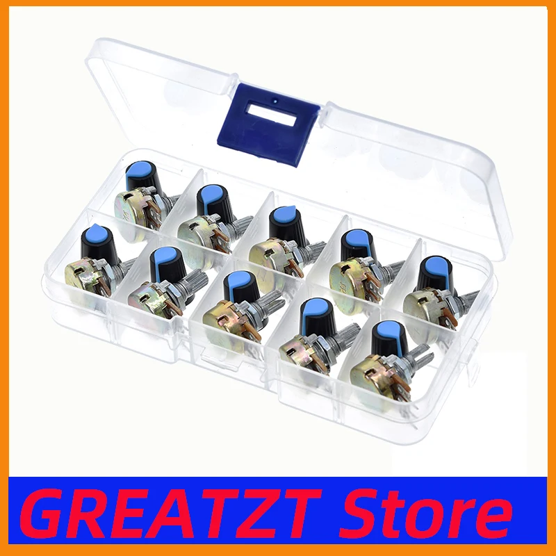 TZT WH148 Potentiometer Kit B1K 2K 5K 10K 20K 50K 100K 500K 1M 15mm Linear Taper Rotary Potentiometer Resistor Set 3pin With Cap