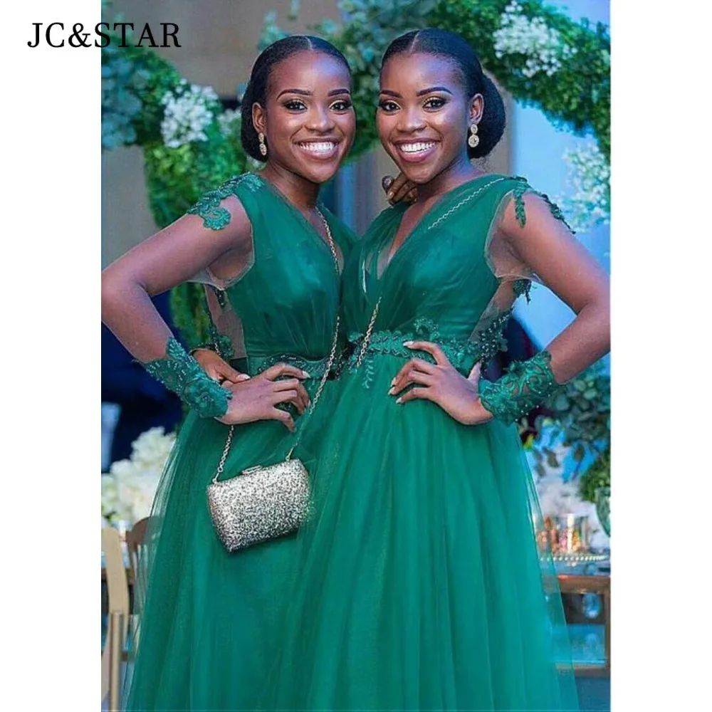 

Green Tulle Lace Bridesmaid Dresses Long Sleeve A-Line Sexy V-Neck Summer Wedding Guest Dress Beaded Maid of Honor Dress Ankie