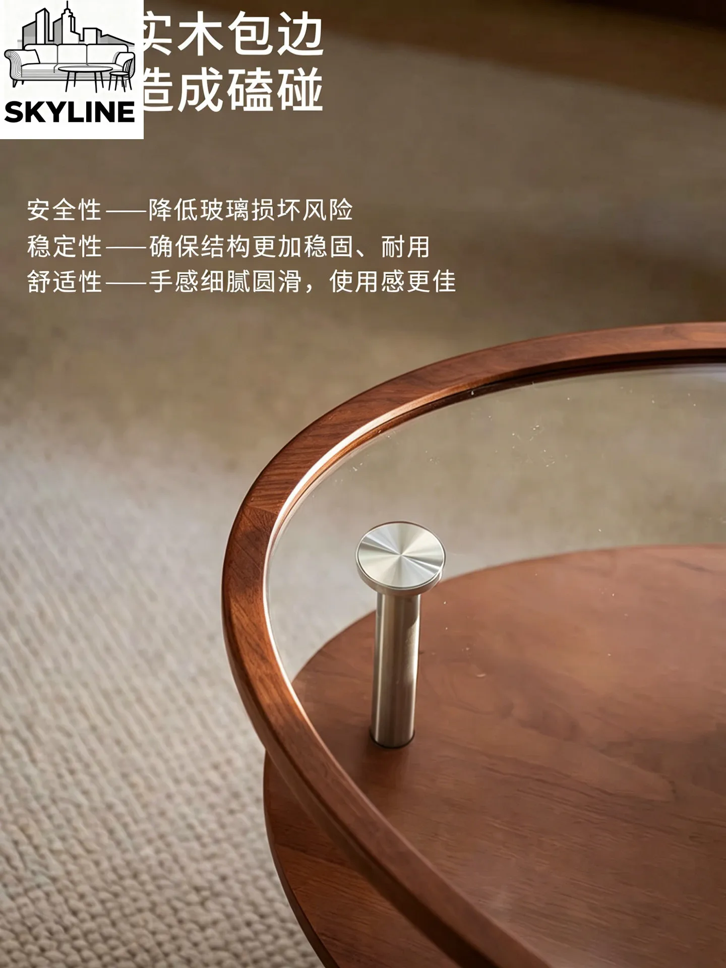 Oval Glass Coffee Table, Solid Wood Stainless Steel Removable Low Table for Living Room