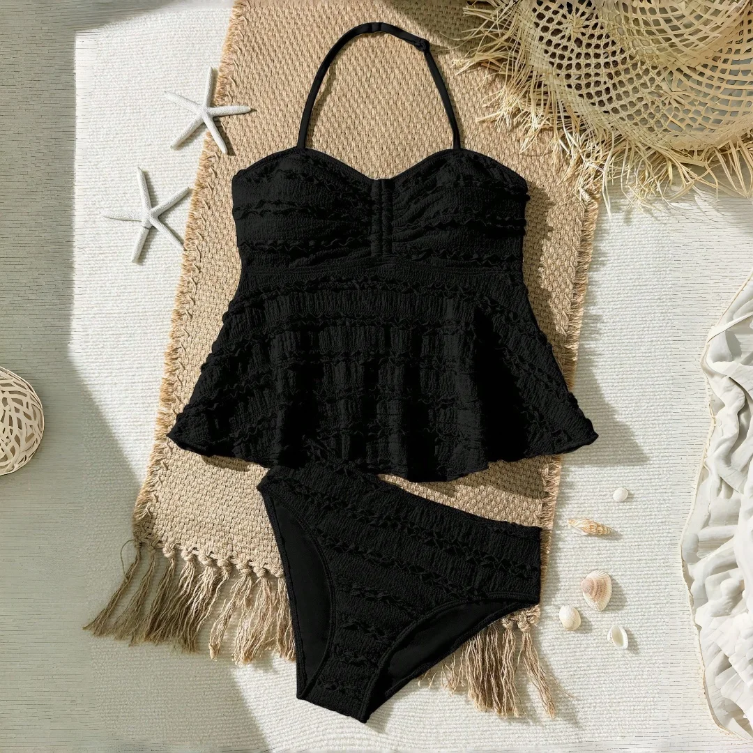 

Комплект из 2-х предметов: черно-белый купальник-бикини для девочек-подростков, однотонный купальный костюм для детей, для летнего пляжного отдыха