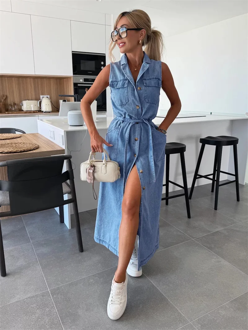 

Trendy Women's Summer Lace up Denim Dresses Sleevess Single Breasted Long Dress Female Vintage Washed Casual Beach Streetwear