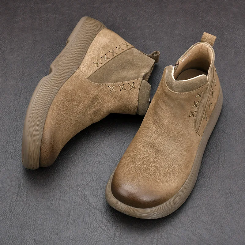 

Leather short boots for men in winter with fleece mid top Chelsea short boots zippered high top shoes snow boots for men