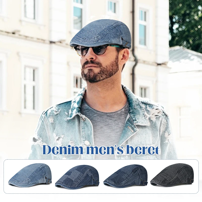 Men's Retro Denim Beret Newsboy Cap Painter's Hat Fashion Casual Blue Peaked Caps British Style Men's Women's Berets Adjustable