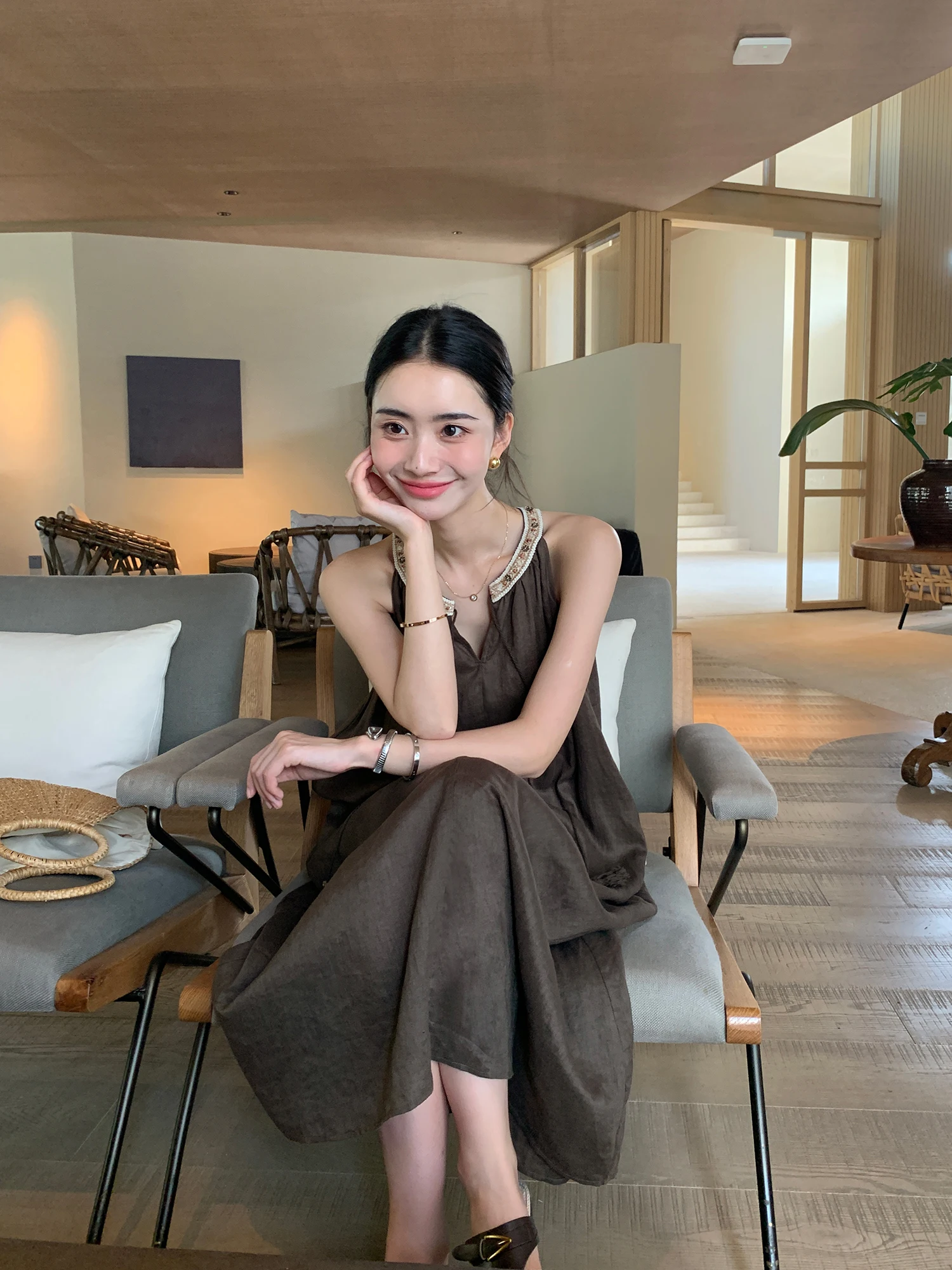 

Maven Lin Casual Linen Off-oulder Svel Dr Women's Loose Waist Summer Vaion Long Dr Casual Sle round Ne