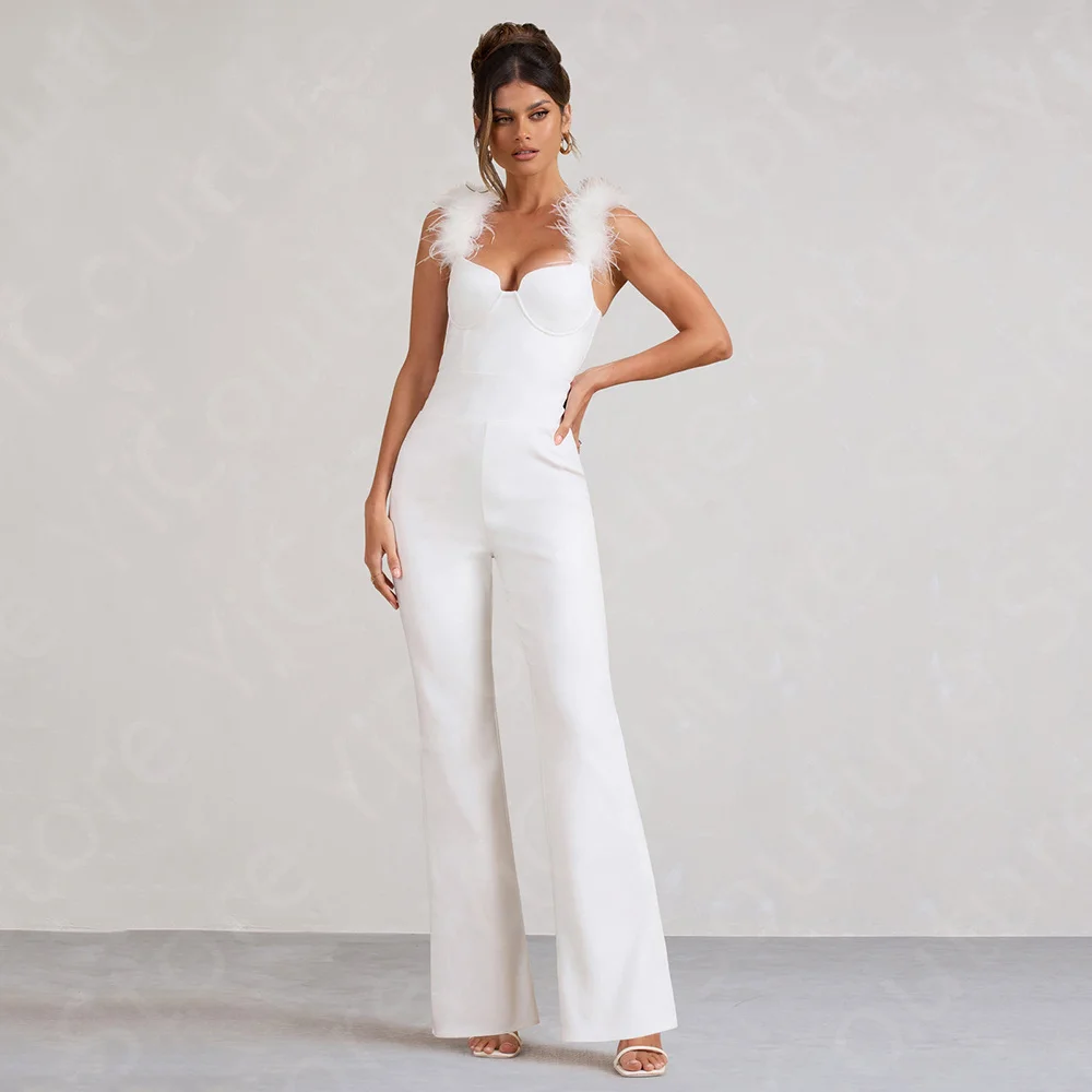 

Customized Unique Jumpsuit Cocktail Party Dresses White Feathers Homecoming Gowns Pantsuit Pageant Dress Combination Sleeveless