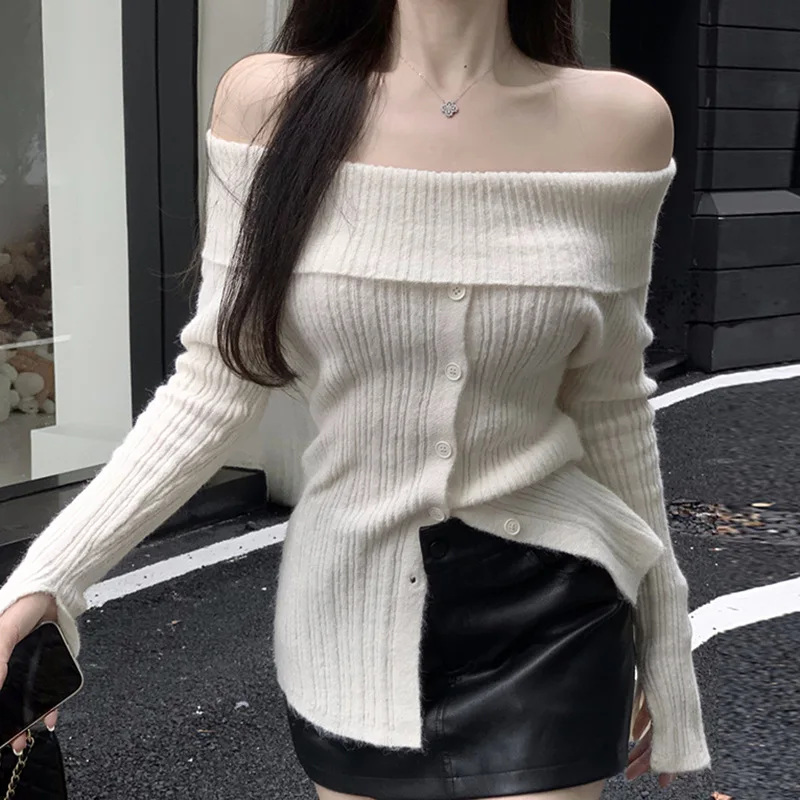 Millennium Hot Girl off-Shoulder Long-Sleeved Sweater Autumn Women Clothing New Sexy Slimming White Top Women's Design Sense