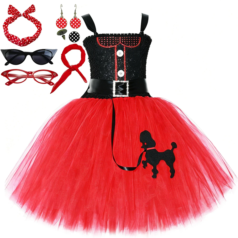 Girls 1950s Poodle Tutu Dress Retro Sock Hop Costume Kids Vintage Red Pink Halloween Birthday Fancy Outfit with Accessories