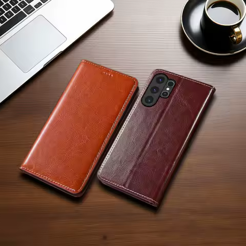 Phone Case For Samsung Galaxy S25 S24 S23 S22 S21 S20 FE Ultra Plus Edge Crazy Horse Genuine Leather Magnetic Flip Cover