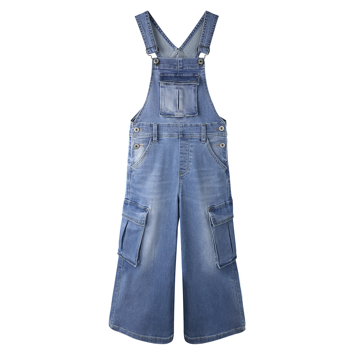 KIDSCOOL SPACE Girls Denim Overalls,Wide Leg Accordion Deep Heel Pockets Cargo Jeans Dungarees