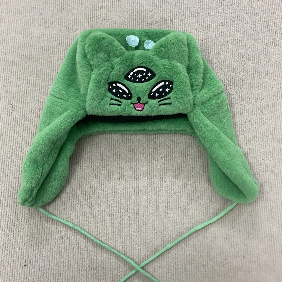Green Alien Cat Trapper Hat, Plush Faux Fur Winter Earflap Ushanka, Funny Y2K Cartoon Cosplay Warm Hat for Men Women Halloween