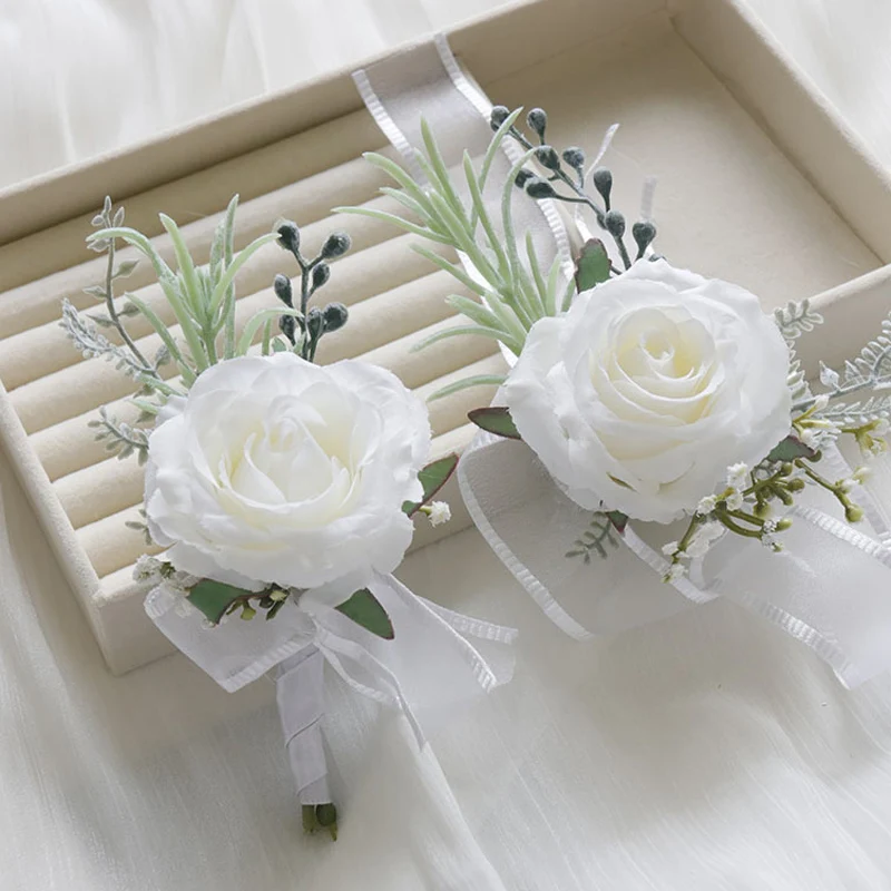 

H4 White Bohemian Rose Flower Corsage & Wristlet Set - Perfect for Brides, Groomsmen, and Wedding Decorations