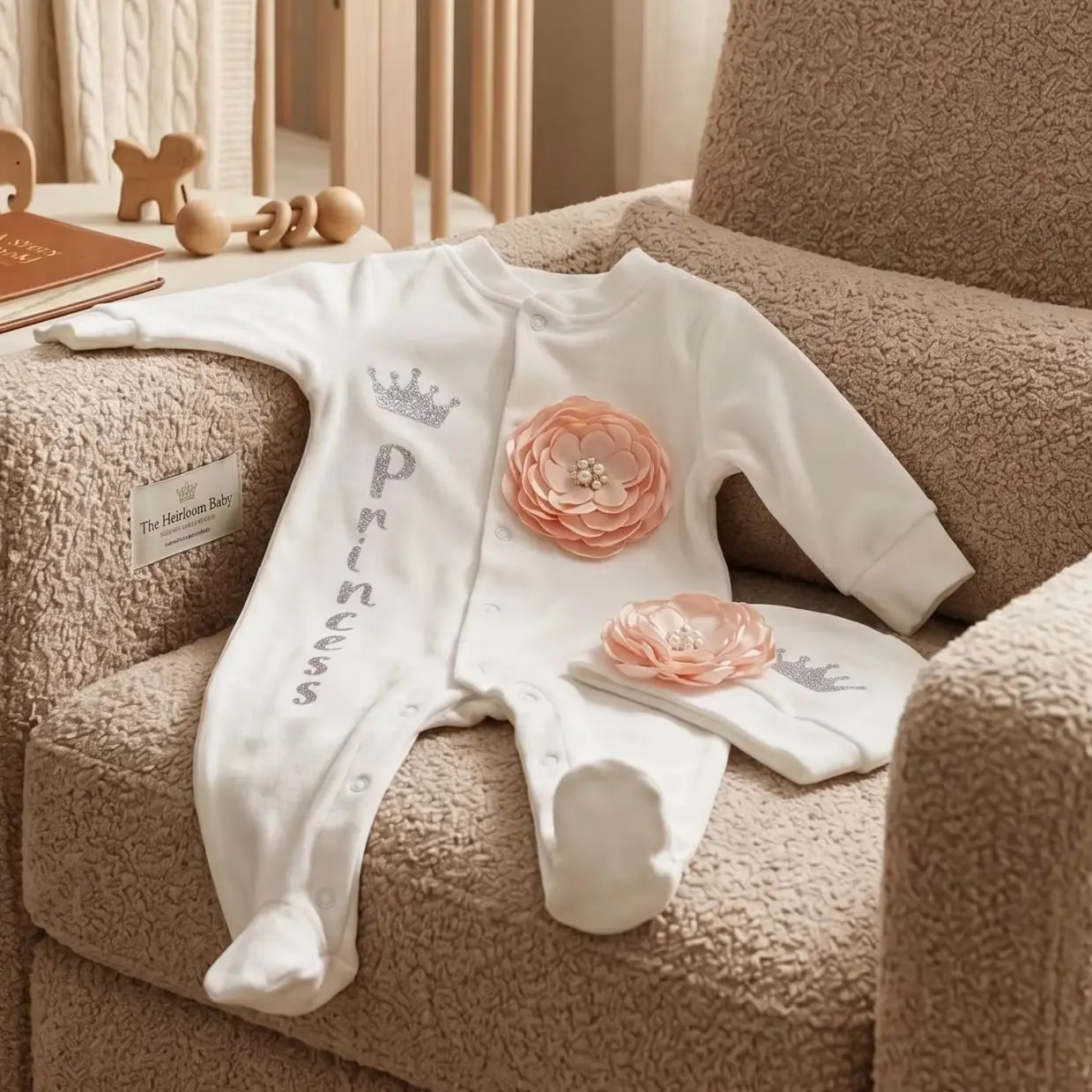 

Elegant Baby Girl Baptism Outfit Set, White Cotton Princess Footed Romper with Pink Rose & Silver Crown Print, Matching Hat