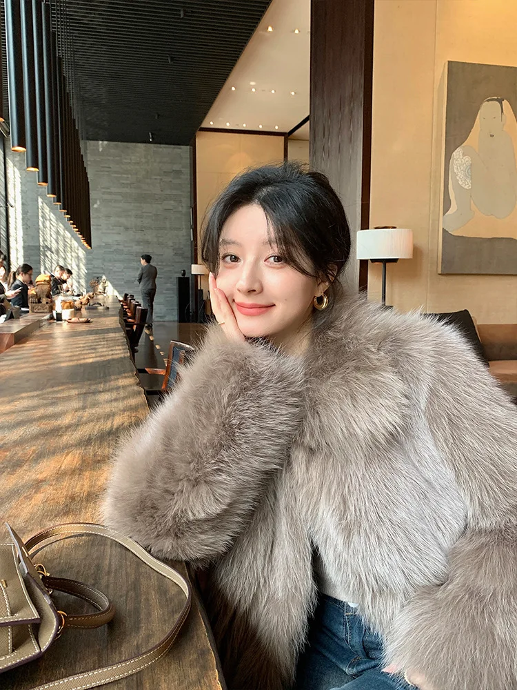 Women Faux Fox Fur Coats Solid Short Jackets Long Sleeves Turn Down Collar Open Stitch Loose Elegant Casual 2026 Autumn Winter
