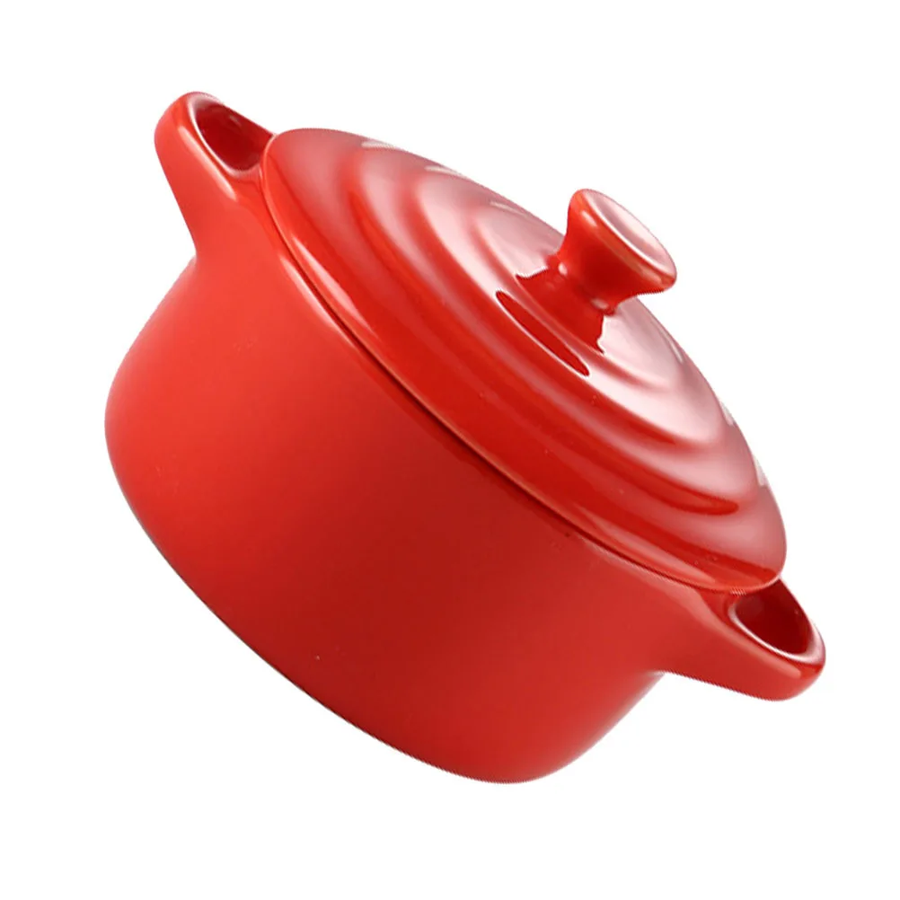

1Pcs Double Handle Ceramic Stew Bowl 230ml Red Lid Microwave Oven Compatible Home Kitchen Cookware Double Handle Bowl