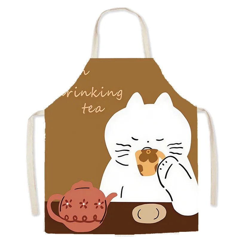 Cute White Cat Printed Apron Cozy Coffee Tea Time Cooking Bib For Women Cafe Barista Baking Pinafore Home Kitchen Accessories view 2