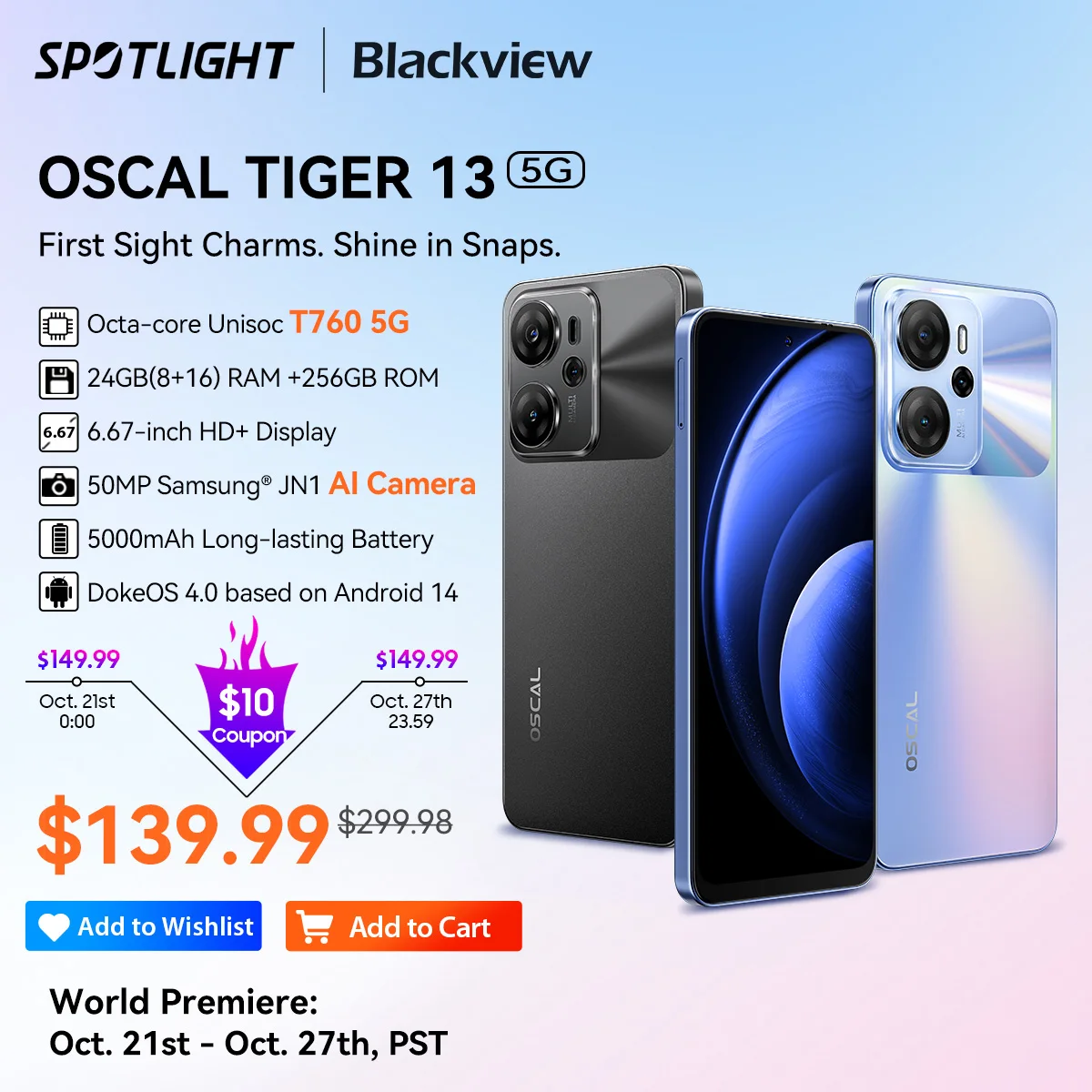 

[World Premiere] Blackview OSCAL TIGER 13 Smartphone 5G 6.67'' Display, T760, 8GB+256GB, 50MP AI Camera 5000mAh NFC Android 14