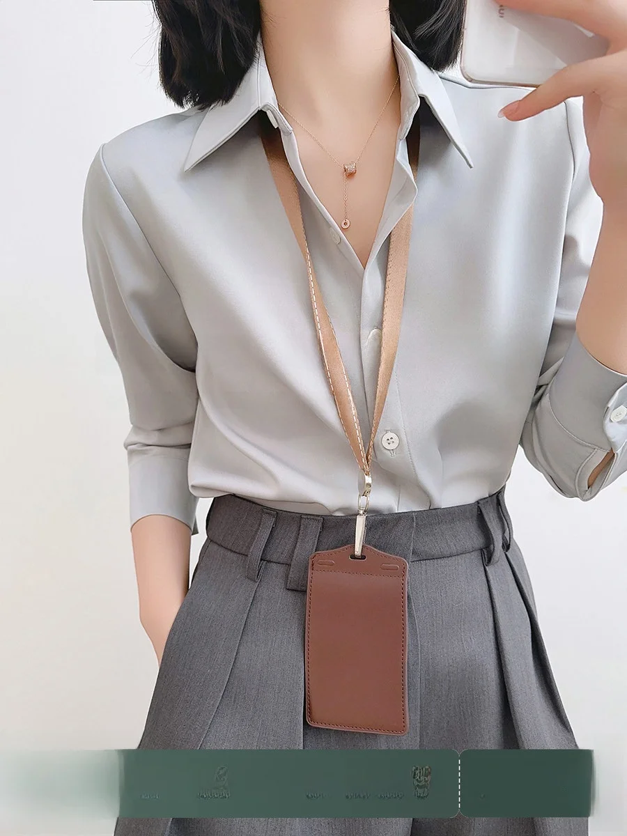 

Ele ey Satin irt for Women Profional Interview Top High-End Design Commute Sle Long Sve Flip Collar Businwear