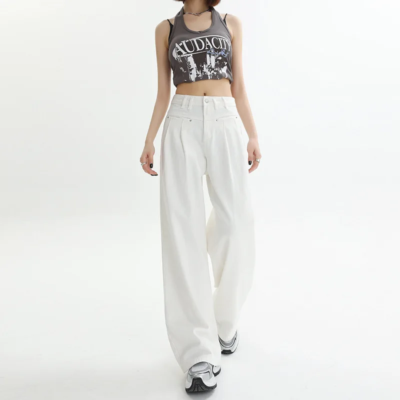 

Однотонные дышащие и свободные широкие джинсы. Новые тонкие и плиссированные женские весенне-летние универсальные джинсы.