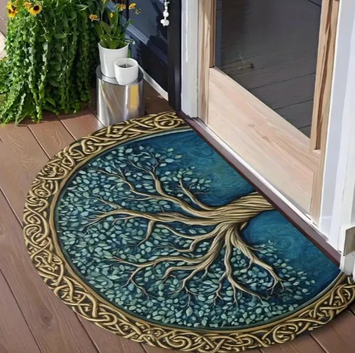 Tree of Life and Day and Night Design Semi Circular Door Mat Soft Indoor and Outdoor Welcome Mat Room Decoration
