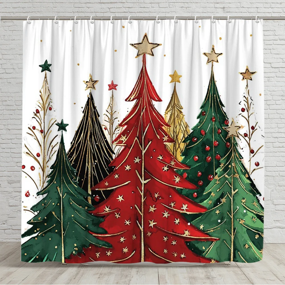 1pc Christmas Shower Curtain Red and Green Tree Design Holiday Bathroom Decor Bath Partition Curtain Set 70.8x70.8 Inch with 12