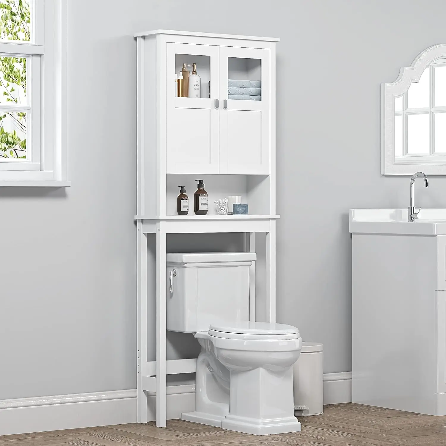 

White Over-Toilet Bathroom Cabinet with Glass Doors and Adjustable Shelves, Space-Saving Storage Solution