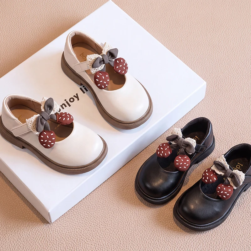 Girls Sweet Mary Jane Shoes with Cherry Bow-knot Children Leather Shoes Soft Sole Kids Princess Dress Shoes Anti-slip Size 24-36