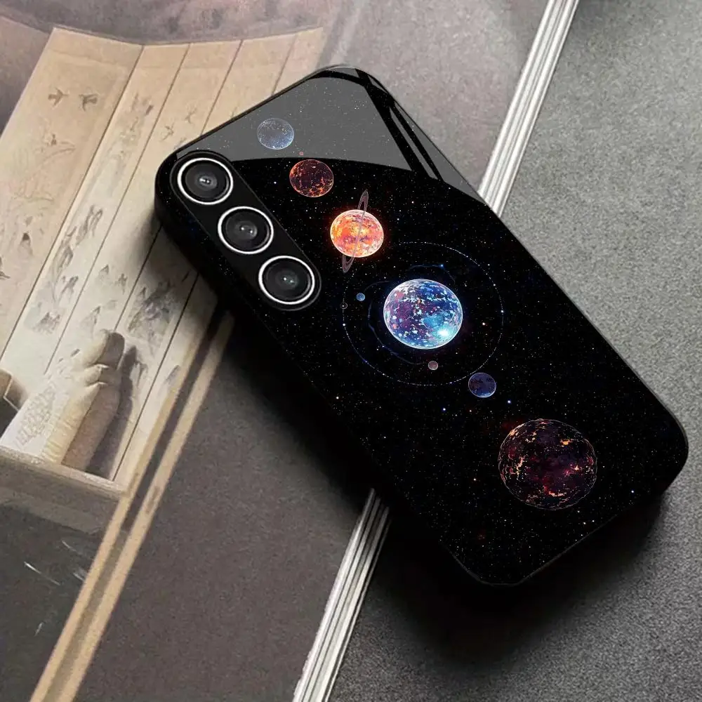 Space planet tempered glass phone case suitable for Samsung Galaxy S26 S25 S24 S23 S22 S20 FE/Ultra/Plus anti drop back cover