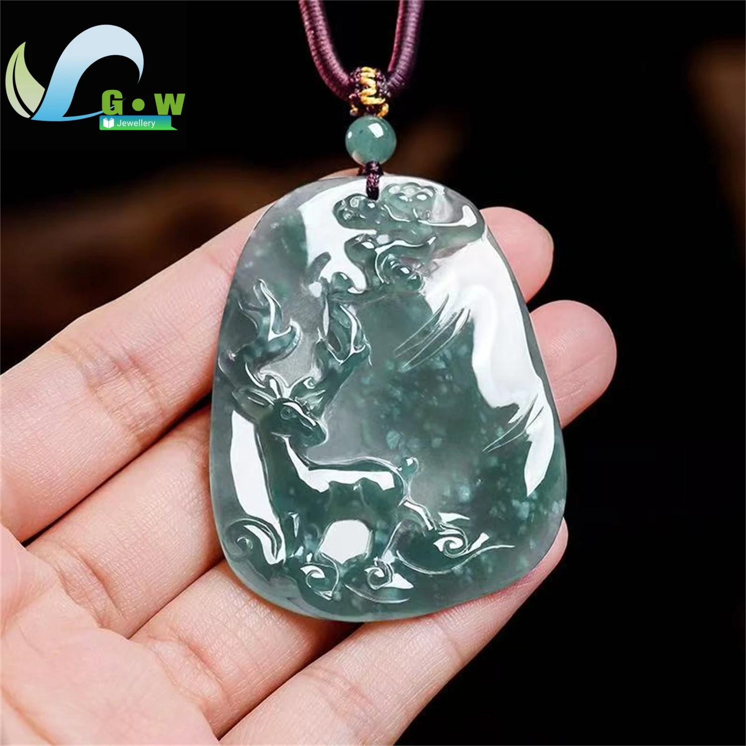 Natural Grade A Jadeite Blue Water Ice Type Deer Plaque Pendant Hanging Jade Amulet Necklace Unisex Carved Gemstone Jewelry