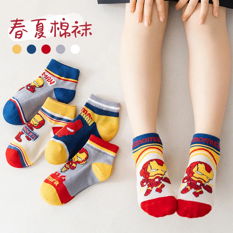 Chaussettes courtes en coton Marvel pour enfants, dessin animé Kawaii, garçons, enfants, nouveau, été, 5 paires