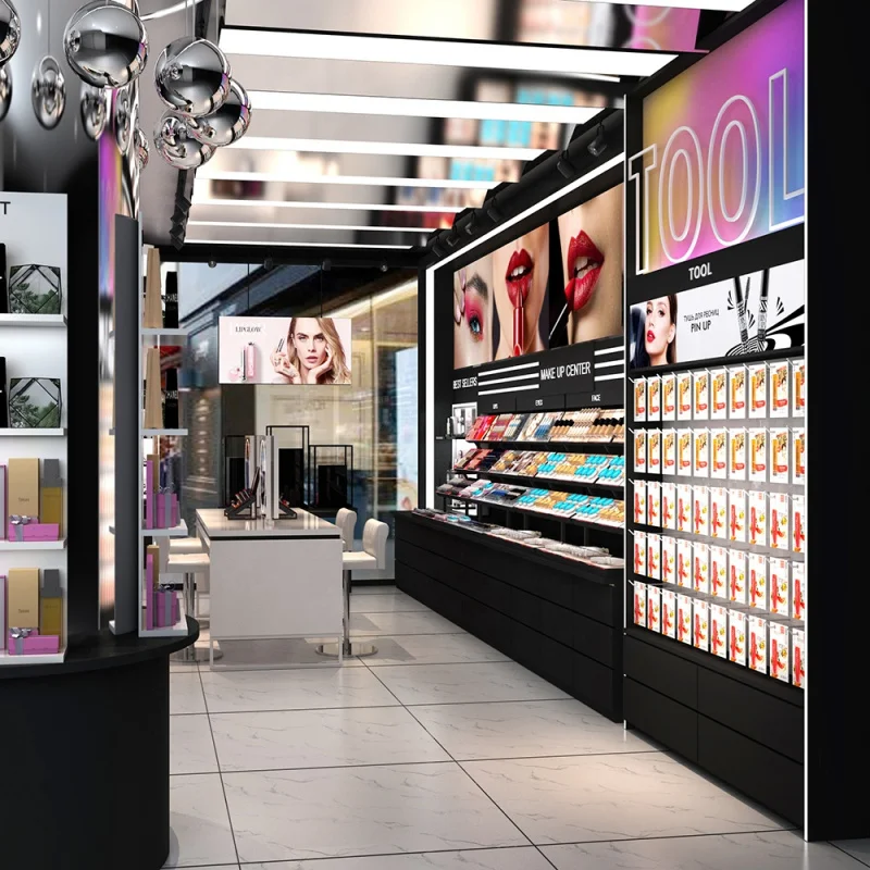 Meja Konter Toko Kosmetik Custom.Makeup Store dengan Rak Display Perawatan Kulit, Showcase Kios, Display Ritel Parfum & Kecantikan