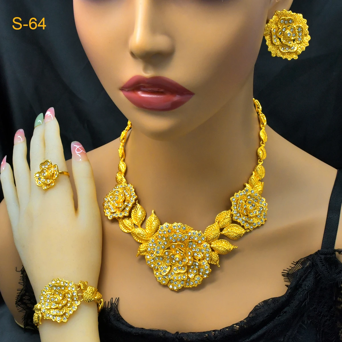 Fashion Dubai 24k Gold Color Necklace Set Women Wedding Party Banquet African Big Pendant Choker Ethiopian Luxury Jewelry Sets