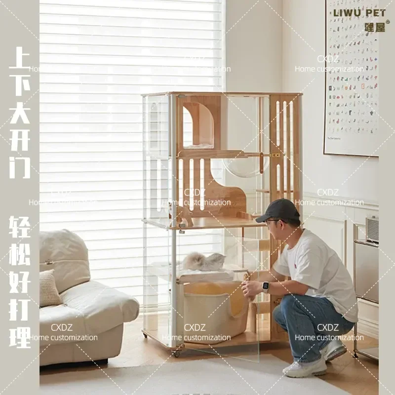 Li House Mufeng series solid wood panoramic cat villa can put automatic cat litter box tempered glass wooden indoor cat